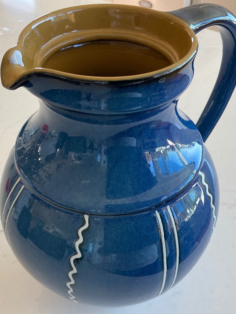 ZARA HOME Blue Ceramic Pitcher, Stripe Pattern